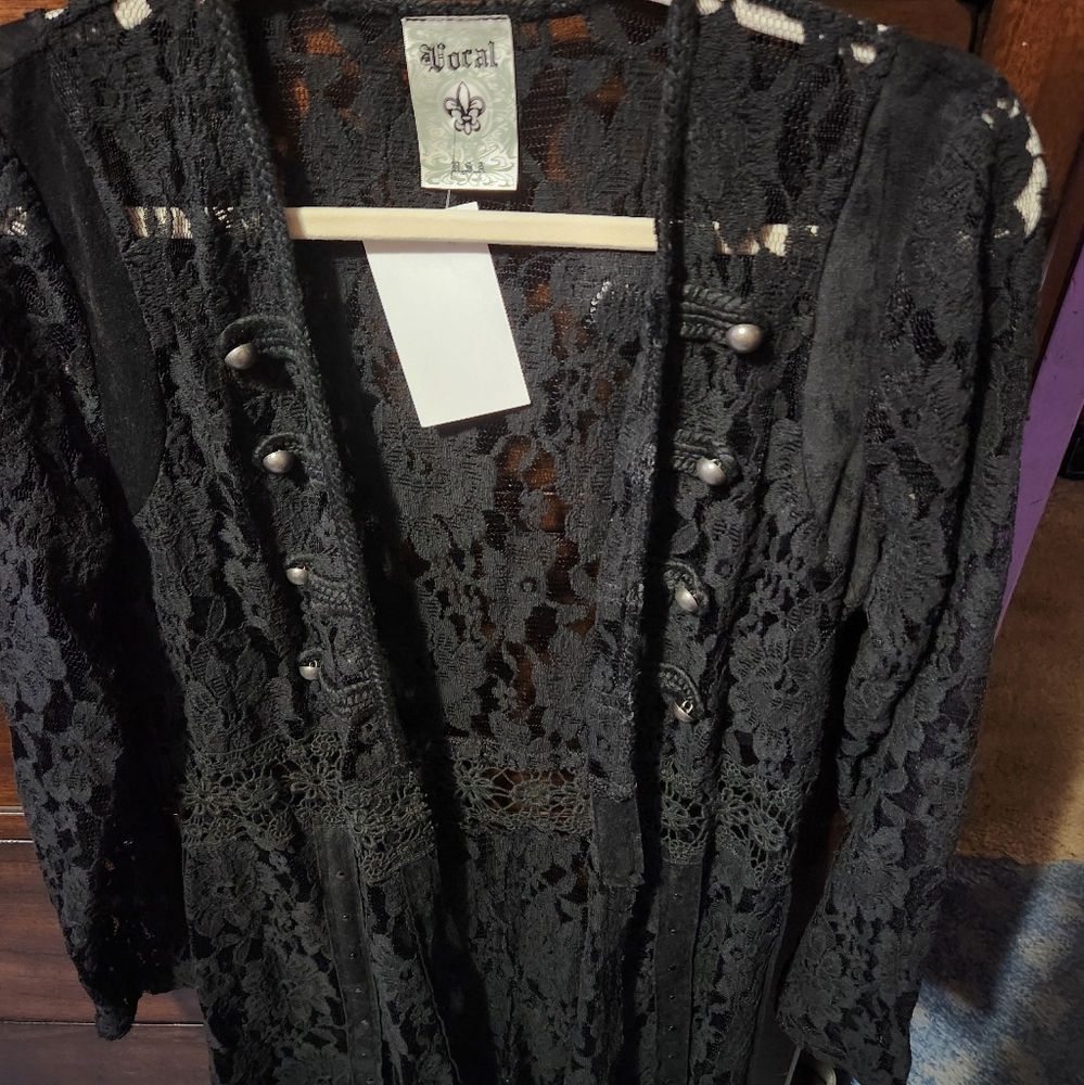 Vocal Black Lace Cardigan with Button Accents